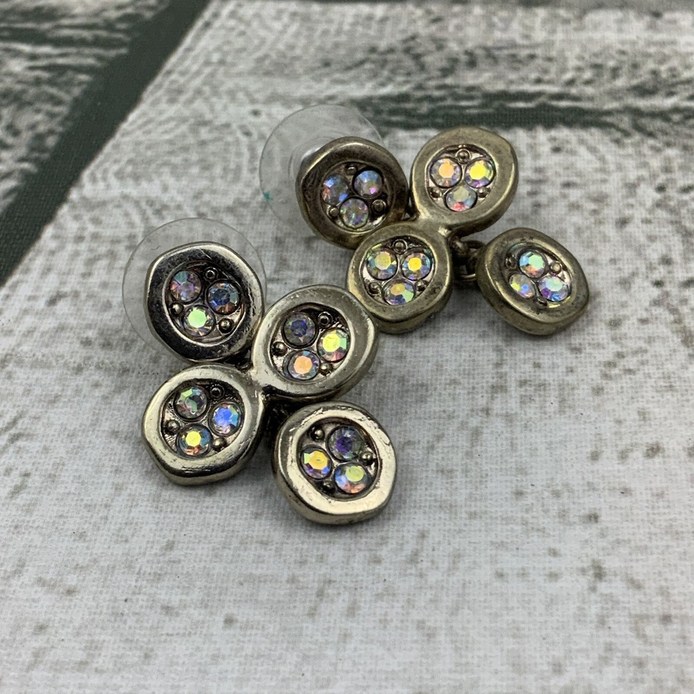 Vintage Brushed Gold Toned Drop Dangle Earrings Iridescent‎ Rhinestones Circles